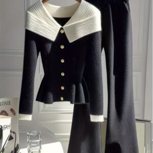 طقم الخريف والشتاء الفاخر: بلوزة أنيقة بياقة عريضة وبنطلون مريح لإطلالة لا مثيل لها