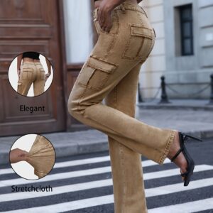 بنطلون جينز نسائي بقصة مستقيمة وخصر عالٍ - الراحة والأناقة لكل المناسبات بلون التان/الكاميل