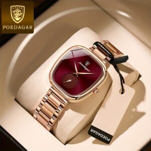 ساعة نسائية فاخرة بتصميم نحيف للغاية - مينا مربع ذهبي وردي أنيق مقاومة للماء