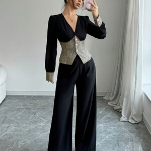 طقم نسائي أنيق وفاخر من قطعتين: جاكيت بياقة V وبنطال واسع الساق
