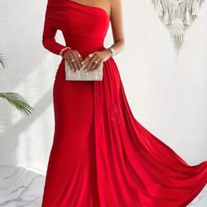فستان سهرة نسائي أحمر فاخر - تصميم الكتف المكشوف/الكتف الواحد بذيل حورية البحر