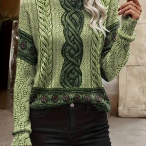 كنزة نسائية خفيفة بطبعة خضراء شاملة: أناقة يومية مريحة