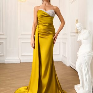 فستان السهرة الأصفر الفاخر: تألقي بإطلالة لا تُنسى في كل مناسبة!