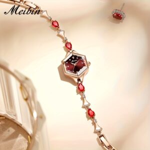 ساعة MeiBin النسائية الفاخرة: أناقة متألقة بقرص سداسي أسود وأحجار حمراء