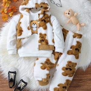 دفء الشتاء ومرح اللعب: طقم جاكيت وبنطلون بغطاء رأس بطبعة الدب اللطيف!
