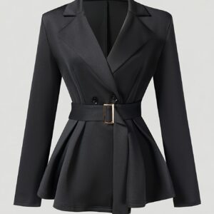 جاكيت بليزر نسائي أسود فاخر: قَصَّة X أنيقة بصفين أزرار وحزام خصر وتفاصيل حافة اللوتس - إطلالة احترافية عصرية للموسم البارد.