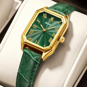 ساعة يد YaLaLuSi النسائية الفاخرة: أناقة الميناء الأخضر والتصميم المربع الذهبي