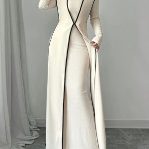 طقم فستان نسائي فاخر من قطعتين بياقة عالية وتصميم الكتل اللونية