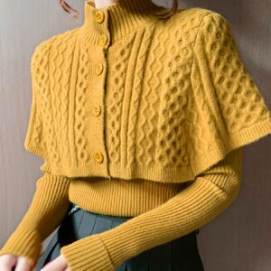 أناقة الخريف والشتاء: طقم كارديجان وتنورة باللون الأصفر الخردلي بتصميم كابل محبوك