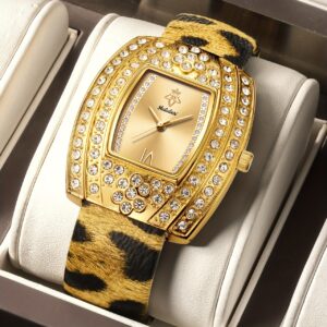 ساعة YaLaLuSi الفاخرة: أناقة لا تقاوم بنقشة الفهد الذهبية والمرصعة بالكريستال