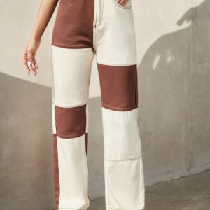 بنطلون جينز نسائي بقصة مستقيمة وتصميم كتل الألوان – أناقة عصرية وراحة لا مثيل لها لكل المواسم