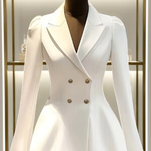 بليزر نسائي أبيض أنيق بأكمام منتفخة وتصميم مزدوج الأزرار لإطلالة عصرية ومميزة