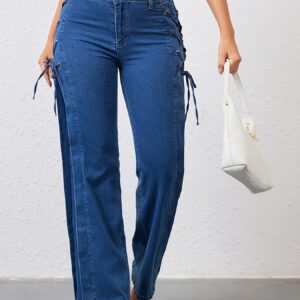 جينز نسائي أنيق بخصر مرتفع وتصميم خالٍ من الحزام - راحة مطاطية وأناقة عصرية لكل المناسبات