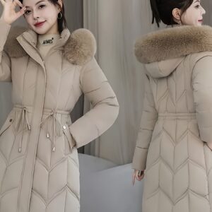جاكيت شتوي نسائي فاخر: دفء وأناقة لكل مناسبة - بسحاب كامل وغطاء رأس (بيج/أبيض)