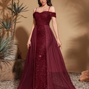 تألقي بفستان السهرة الفاخر: تصميم حورية البحر بكتف مكشوف وترتر لامع بلون بورغندي