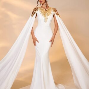 تألقي بفستان السهرة الأبيض الساحر: قصة حورية البحر وتطريز ذهبي فاخر