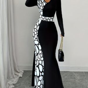 فستان سهرة نسائي أنيق بقصة V وطبعة هندسية فاخرة - مثالي لمناسبات الخريف والشتاء