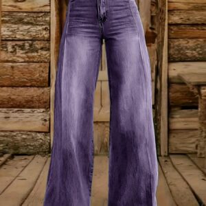 اكتشفي الأناقة والراحة: بنطلون جينز نسائي واسع الأرجل بلون بنفسجي مغسول وخصر عالٍ