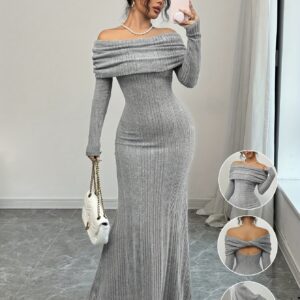 فستان نسائي راقٍ مكشوف الأكتاف بقصة حورية البحر – أناقة دافئة لكل المناسبات