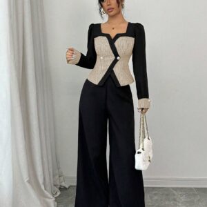 طقم الأناقة المتكامل للخريف والشتاء: بلوزة مزدوجة الأزرار وبنطال بقصة واسعة