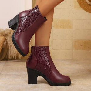 أناقة الشتاء العصرية: بوت الكاحل العنابي بكعب سميك وسحاب خلفي